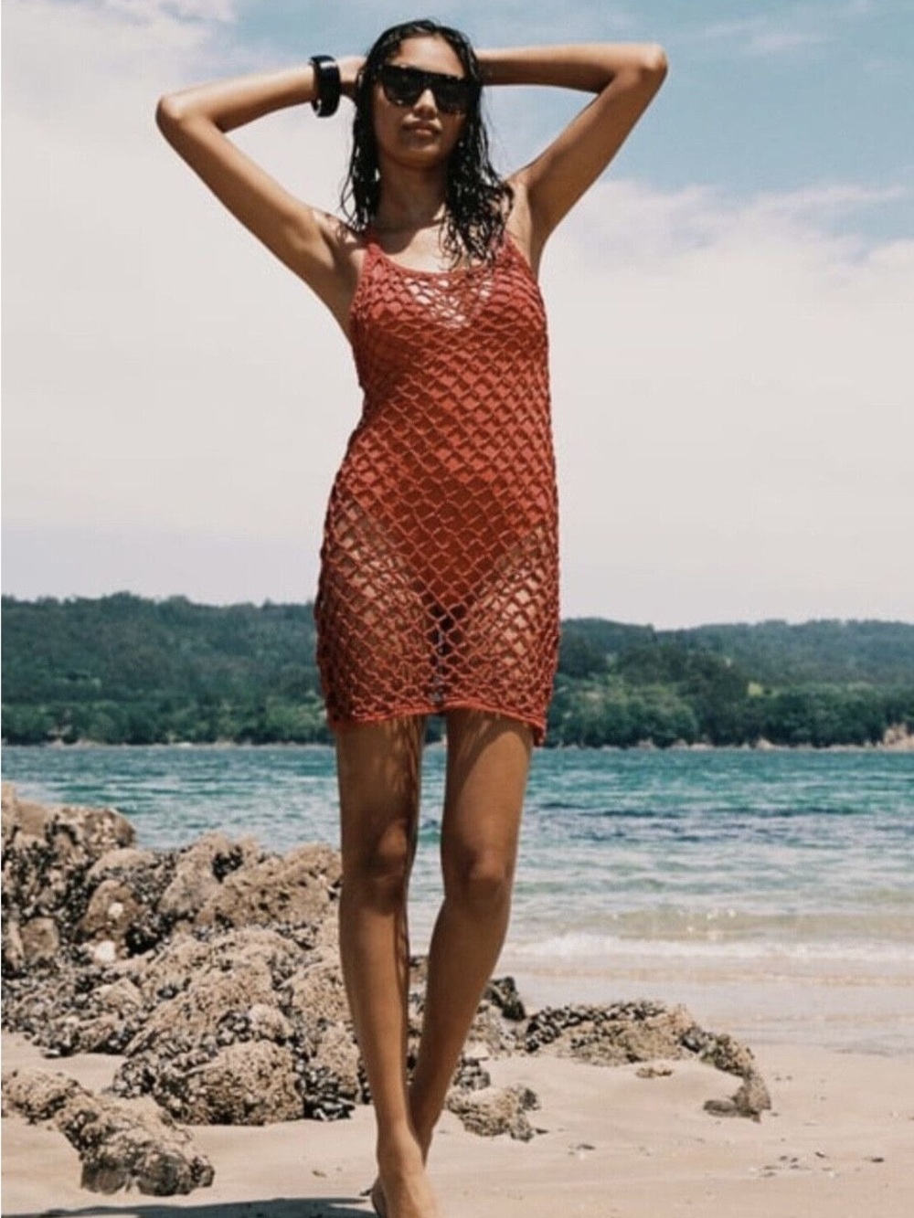 Zara Rust Open-Knit Crochet Swim Cover-Up